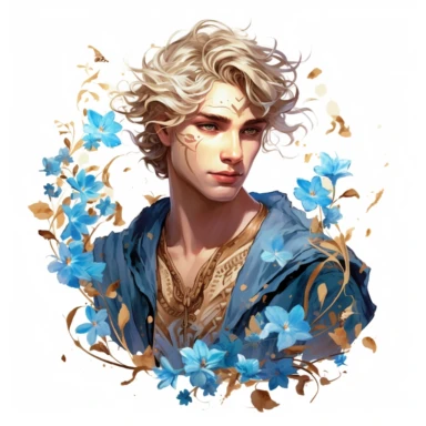 man, Libra, light hair, beautiful face, flowers, Gilded, blue colors, high quality, clipart, white background, Artgerm