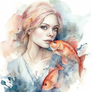 watercolour clipart beautiful woman with two fish. Watercolor effect. The clipart should be of the highest quality, with great detail, clear outlines and lines, gentle pastel colors, and should be elegant and beautiful, white background, without watermarks