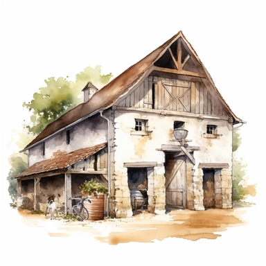 realistic watercolor drawing of a horse stable in France, on a white background where the background will be removed to repurpose as a clipart.