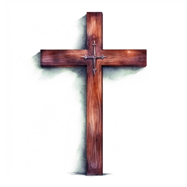 watercolor of a varnished wooden christian cross isolated on a white background, high quality, detailed, realistic, digital illustration, white background, HDR, rtx on,textural richness, digital illustration, clipart