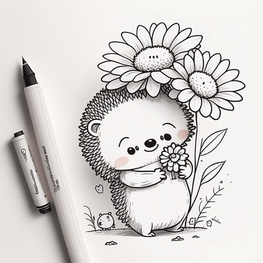 Happy cute cartoon hedgehog hugs a flower, white background, anime style, incredibly detailed , thick outline , Create a sketch of a black and white  Cute and adorable cartoon it , fantasy, dreamlike, surrealism, super cute, trending on artstation design, in a minimal and lineal style. The tattoo should be simple, with clean lines and minimal detail. The sketch should be done in pen or pencil , looking to the camera, clipart, , white background, summer flowers at the bottom, cute, love vibes, su