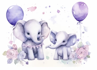 watercolor cute little baby elephants and balloons, in the style of light silver and light purple, victorian-inspired illustrations, nature-inspired pieces, playful arrangements, plush doll art, elaborate borders, high resolution, clipart, white background