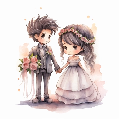 full body Little bride and groom, fantasy Watercolor Clipart, strybk, full Illustration, 4k, sharp focus, watercolor, smooth soft skin, symmetrical, soft lighting, detailed face, concept art, muted colors, watercolor style, strybk, children's style fairy tales, chibi kawaii, . Octane rendering, 3d. Perfect face, detailed face, delicate face, perfect sharp lips, detailed eyes. Craig Davison, Aubrey Beardsley, Conrad Roset, Aikut Aidogdu, Agnes Cecil, watercolor style