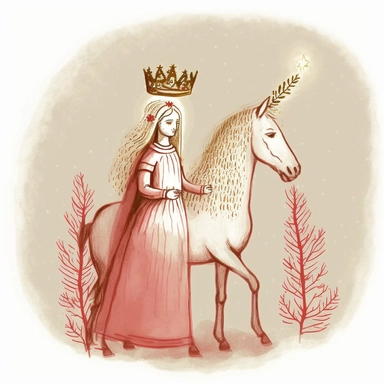 Santa Lucia, illustration, pastel chalk, cheerful, cartoon, Christmas trees, standing with a horse wearing a candle crown, clipart, white background