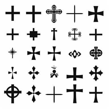 black vector icons of different designs christian crosses, on a white background, hd vector, clipart, cartoon style, minimalistic simple , 4k