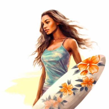 beautiful stunning pretty young surfer hawaiian woman , paint art style, clipart, white background, superrealistic, one of a kind