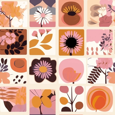 pink and brown flower clipart set, in the style of victor pasmore, light orange and purple, free brushwork, henri rousseau, stencils, mural-like compositions, elsa beskow
