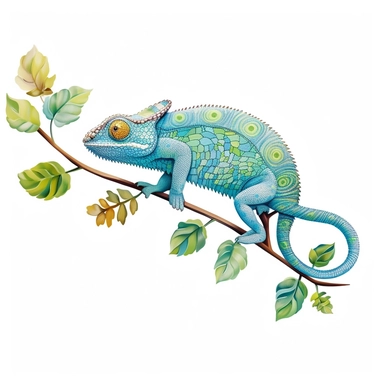 chameleon, clipart, detailed, curled tail, on a branch, clean lines, vibrant, white background
