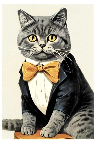 Vintage 1920 British Shorthair Cat with a plush coat of silver-gray fur wearing a classic black and white polka dot bowtie and a sleek silver tail ring Illustration , Chromolithograph, Die Cut, 1920s Illustration, Vintage, Chromolithograph, Colorful, Antique, Ephemera, Clipart, 8k, Isolated on white