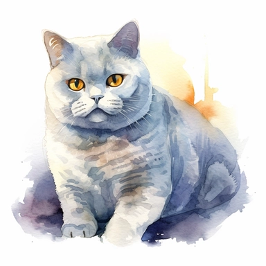 Clipart, watercolor, white background: A British Shorthair cat with a calm and relaxed expression, representing its laid-back and easygoing personality.