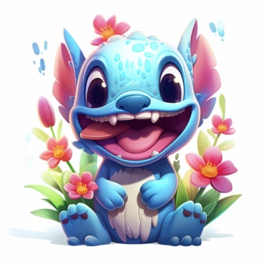 disney's stitch on a white background, front page of art station, smiling sweetly, in art style, full image, with colored flowers, cute little creature, official splash art, disney news, upbeat, clipart