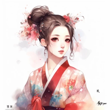 watercolor Disney Mulan, her hair in a bun, wearing a traditional Chinese dress, clipart, white background, by Kawacy
