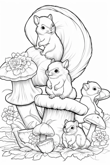 mushroom with a brown cap and a thick stem, with a family of squirrels playing nearby , clipart style of coloring book for children, super simple, thick, clear, lines, black and white, white background