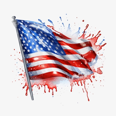 Hanging American Flag, 4th of July Clipart, graphic design, flat design, USA Flag Star Strip, Flower, Home of the Free, watercolor American Flag splashes, highly detailed clean, photorealistic masterpiece, professional photography, White background, isometric, vibrant color vector,