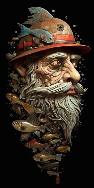 handcarved wood clipart of hipster fisherman