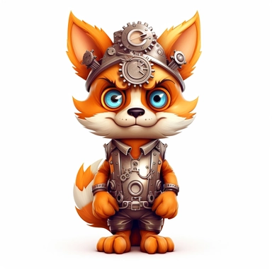 friendly fox with big cute eyes, standing up, in the style of steampunk, clipart, white background, lots of cogs