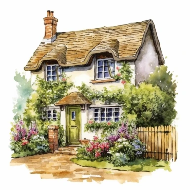 a quaint old english cottage garden, white background, clipart, watercolor style--q2--v5.1