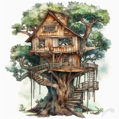 a Tree House watercolor Clipart sublimation clipart graphic, full body, clipart, sticker, a single picture, cartoon style, highly detailed, 8k, one image in the frame--no text in the picture--