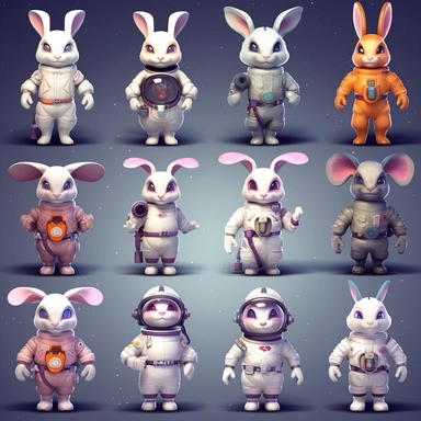 a collage of bunny astronauts in realistic clipart with no shading. I would like each design to be separate from the others, showcasing the unique characteristics of each animals astronaut suit I envision the clipart designs to be versatile and easily adaptable, suitable for a range of creative projects such as invitations, stationery, digital artwork, and more no shading