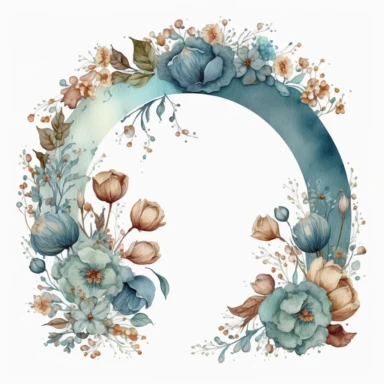 rounded horseshoe arch of peonys. clipart. watercolor. dusty blue azure tones. white background