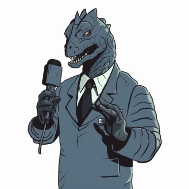 a Kaiju dressed as a news reporter holding a microphone in his hand. No Background or foreground. Minimalistic 2d Clip Art