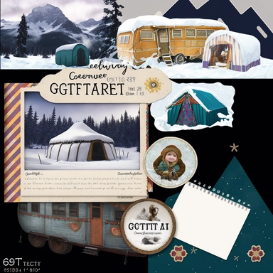 gertee scrapbook pages, family photos, alaskan yurts in the snow, alaska, scrapbooking, atelier, hipster camping stickers, scout troop, sticker sheets of yurts and urban design clipart, design, 8k, unreal