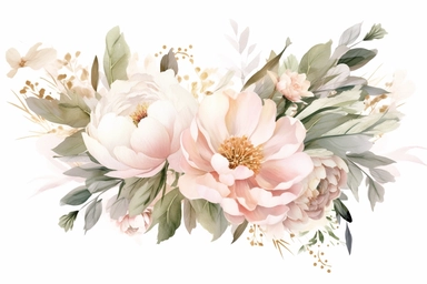 Dusty pink and white flowers, peonies, austin roses, big blooms, with muted green whispy foliage with gold flicks, elegant and beautiful floral clipart for wedding invitations, delicate, watercolor, oil painting, defined edge on white background