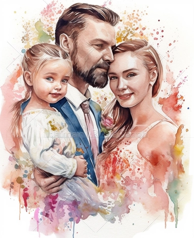 DESIGN A MAGNIFICENT AND EXQUISITE BREATHTAKING ONE-OF-A-KIND HIGH QUALITY HIGHLY DETAILED MASTERPIECE WATERCOLOR CLIPART ILLUSTRATION OF A couple with daughter love, person, in the style of soft watercolours, uhd image, massurrealism, celebrity-portraits, andrzej sykut, dan mumford, willard metcalf, ULTRA REALISTIC, WHITE BACKGROUND, NO FONT, NO TEXT, NO WORDS, NO WATERMARK