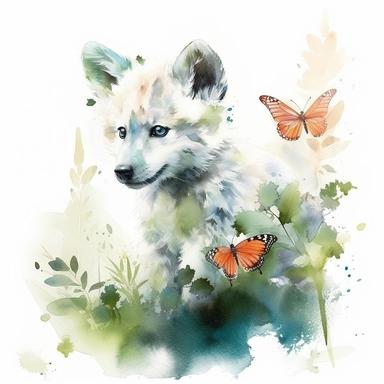Embark on a watercolor journey as you bring to life a captivating clipart illustration featuring a spirited baby wolf immersed in its own playful world within a lush forest. Against a pristine white backdrop, the vibrant colors of the baby wolf's fur and the delicate butterfly come alive. Embrace the fluidity and transparency of watercolors to evoke a sense of lightness and movement, drawing inspiration from the impressionistic works of Claude Monet and Mary Cassatt. Opt for a vivid color palett