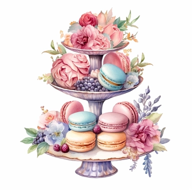 Clipart, Watercolor, Boho tier candy tray with cakes, cupcakes, macarrons and flowers, pastel color, hand-draw, texture