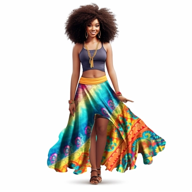 Hyperrealistic beautiful full figure african american lady with afro hair, dress or skirt summer attire, cute and colorful, clipart, hd, white background