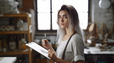 Woman designer and jewelry artist on background of Workshop. Holds clipboard and pen. Sketch development. . copy space photojournalism, soft focus