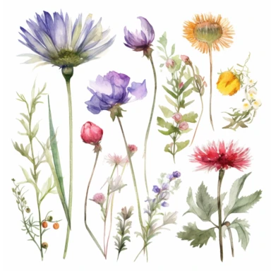 wild flowers, watercolor Clipart, isolated white background, 8k