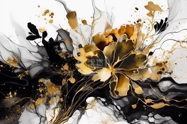 beautiful gorgeous alcohol ink of black and gold serene nature scene with a central focus on a botanical flower. crystals, gentle wave, glam, glossy, glitter texture, abstract style, liquid ink clipart, modern and stylish design, bright colors, 300 dpi, clear decoration , clear white background, highly detailed digital art, 8k