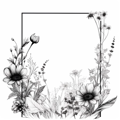 modern, minimalistic set of wildflowers in the shape of one giant simple square frame with a huge opening in the middle, in the style of black and white handdrawning on a clean white background, wedding clipart
