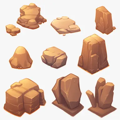 simple desert boulders, video game assets, isometric, top down, isolated figures, hand drawn, level art, low contrast, no borders, soft lightning, smooth edges, atmospheric effects, spatial concept art, muralist, clipart, ps1 graphics, deconstructed objects, 2d, plain background