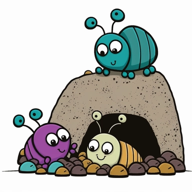 bugs under a lifted rock, grub bugs, clipart style, vector, logo, cute, golden, purple, teal, pink, lite blue, picture book style, children's lesson book, captivating, kid friendly cute character, black and white, coloring book style, cartoon style, vector image, simple, line art style, character, white background