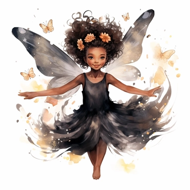 magical black little girl, fairy wings, clipart, disney style, watercolor, white background , flying above flowers