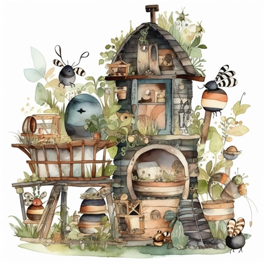 Watercolor boho backyard bug hotel, illustrations clipart set, simple, soft colors, cartoon elements, different variants, insects, ladybug, ants, grasshopper separate elements with a margin