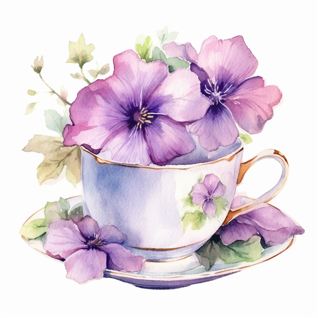 watercolor painting, purple flowers in teacups clipart, beautiful ...