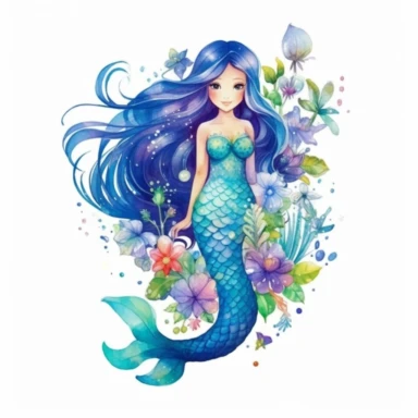 Clipart cute mermaid in full body with fish tail and pretty flowers, fairytale, underwater world, beautiful composition, watercolor paints, isolated objects on white background, imaginative, beautiful colors, turquoise, light blue, royal blue, fairytale, k8
