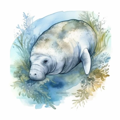 hand drawn Florida manatee, in crystal blue water, underwater with plants, very detailed and realistic, watercolor, white background with margins, clipart style