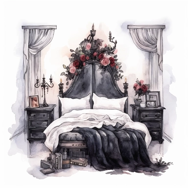 Gothic style bedroom with watercolor effect, suitable for digital clipart, white background, gothic scene, gothic colors, gothic tools, gothic roses, skull, dark scene