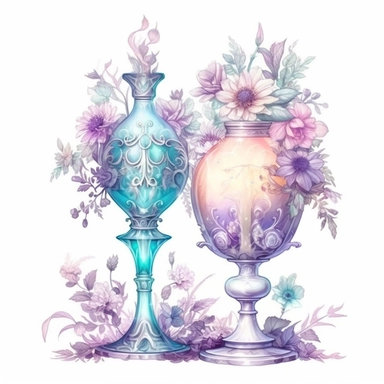 Clipart, two potion bottles, Goblet, flower, light purple white and light blue color, pastel color, luminous, glowy, intricate, fantasy realistic, Watercolor, 8k, white Background