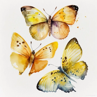 watercolor 3 butterflies clipart, flying 3 butterlies, full yellow, bright color, no outlines, white background, no text