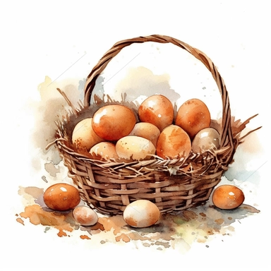 watercolor basket full of plain brown chicken eggs clipart white background