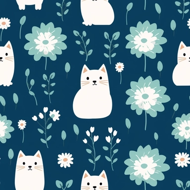 create a clipart, minimalist featuring a cute aesthetic pattern including cute fluffy white cats and some tiny white flowers over a blue lift shades