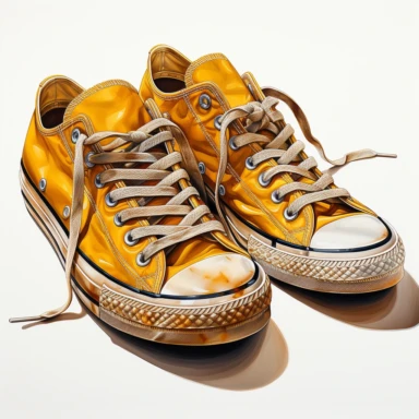 yellow hand drawn , watercolor, hyper realistic, white background, white margins, 16k, ultra detailed clipart, cut out image, hand-drawn, ultra HD, sharp and clean art , a pair of vintage old worn sneakers 1940 -1950 era , capturing the romantic and feminine aesthetics often associated with vintage fashion and travel, Clipart