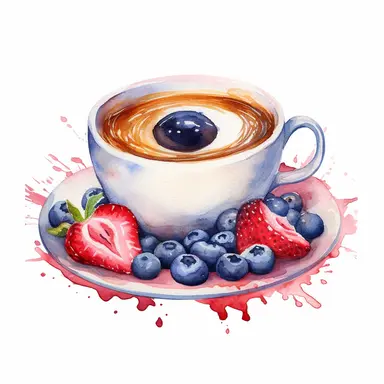 Red eye in a paper cup with a blueberry pancake on a plate, Watercolor, pastels, clipart, beautiful, colourfull, png transparent white background, high resolution, no caption q4 s2