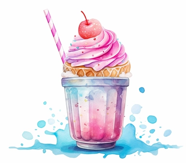 3D watercolor clipart featuring a delightful milkshake in vibrant watercolor hues against a clean white background. The artwork is skillfully created to mimic the fluidity and transparency of watercolors, adding a touch of whimsy and charm. The mood of the clipart is lighthearted and appetizing, evoking a sense of joy and indulgence. The vibrant colors of the milkshake, combined with the delicate brushstrokes, create a visually captivating composition. This detailed clipart is perfect for adding